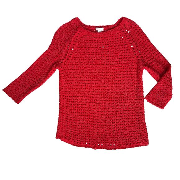 Chicos Open Knit Red Sweater Size 1 M/8 Crochet Pullover Lightweight Holiday SEE - Picture 2 of 9